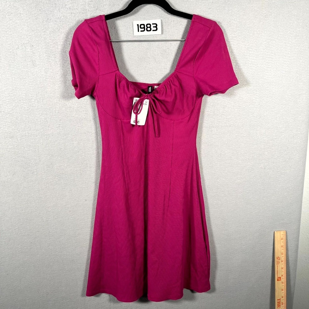 Divided by H&M Mini Dress Womens Small Pink Ribbed Sweetheart Neckline Tie Front